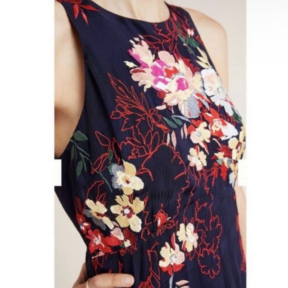 Anthropologie Tanzine Midi Dress Sleeveless Embroidered Floral Boho Navy Red 18W - Picture 3 of 14